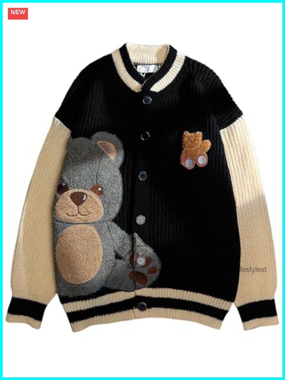 Bear Embroidered Knit Cardigan Button Down Long Sleeve Loose Fit Women's Casual